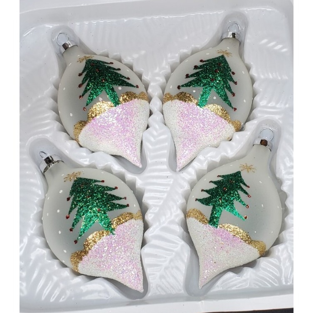 Set of 4 Bradford Novelty Glass Christmas Tree Ornaments Glittery Vintage